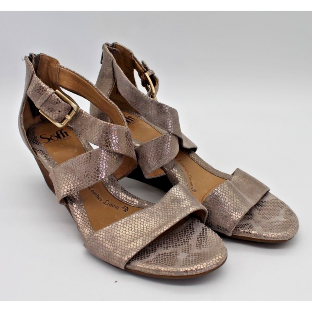 Sofft Mauldin Wedge Strappy Sandal Bronze Copper 10 Leather Zipper Snakeskin